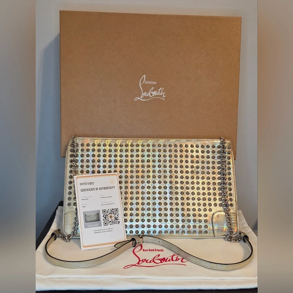 Christian Louboutin Loubiposh Studded Clutch Crossbody Galactic Silver W/COA